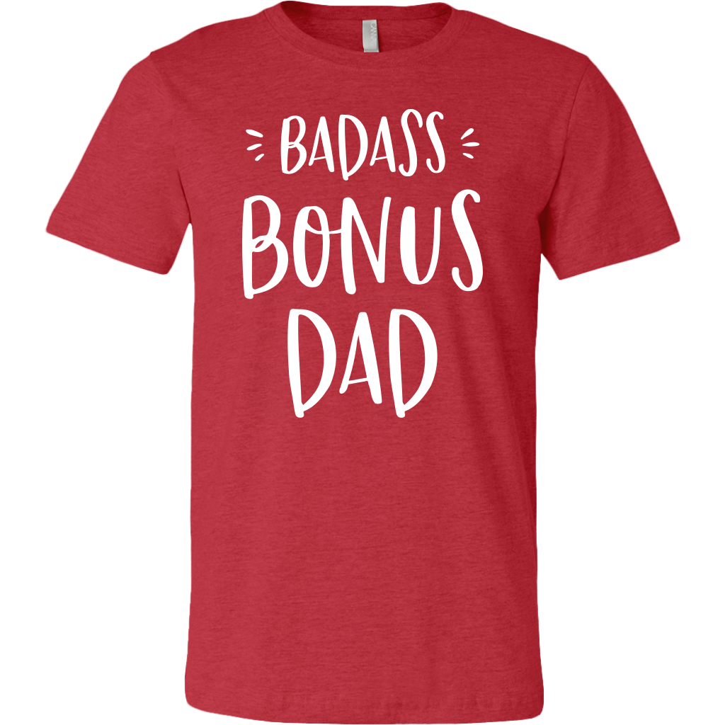 Badass Bonus Dad shirt for stepdad, white design on heather red shirt