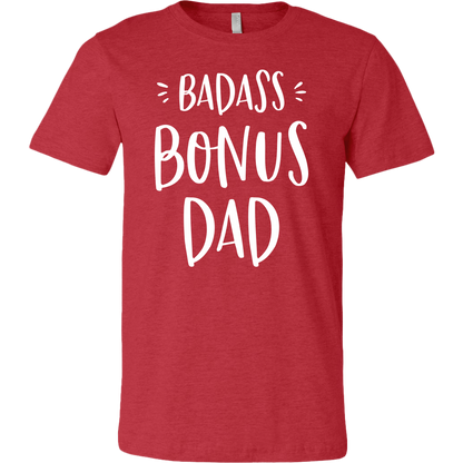Badass Bonus Dad shirt for stepdad, white design on heather red shirt
