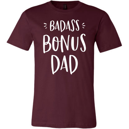 Badass Bonus Dad shirt for stepdad, white design on maroon shirt
