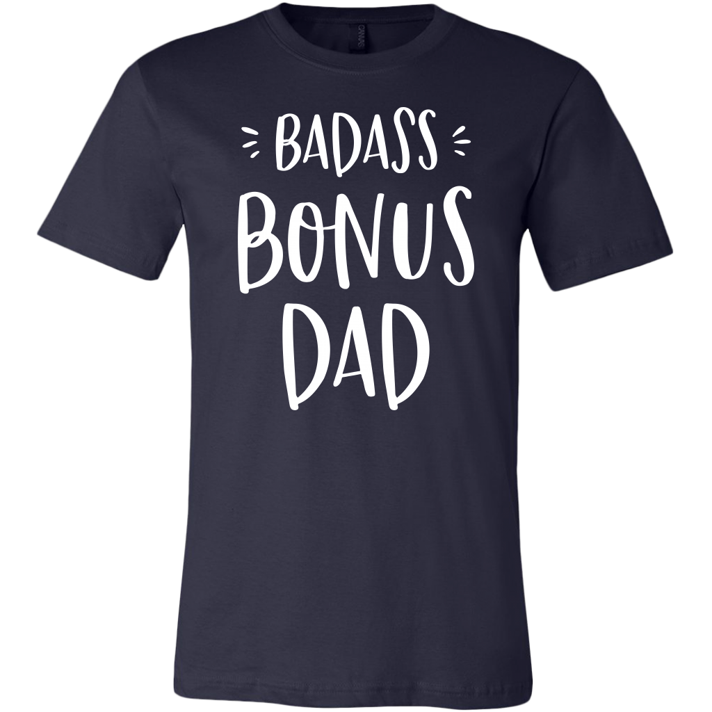 Badass Bonus Dad shirt for stepdad, white design on navy shirt