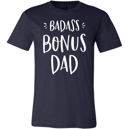 Badass Bonus Dad shirt for stepdad, white design on navy shirt