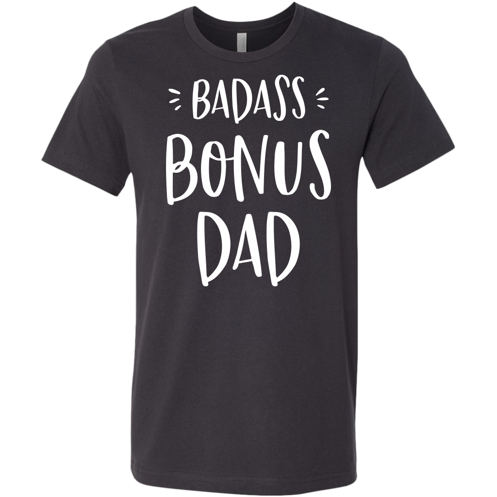 Badass Bonus Dad shirt for stepdad, white design on Dark Heather Grey shirt