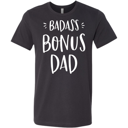 Badass Bonus Dad shirt for stepdad, white design on Dark Heather Grey shirt